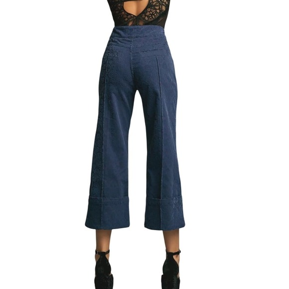 PILCRO Anthropologie Pants 27 NWT Wide Leg Cropped Velvet Burnout Blue High Rise - Picture 5 of 10